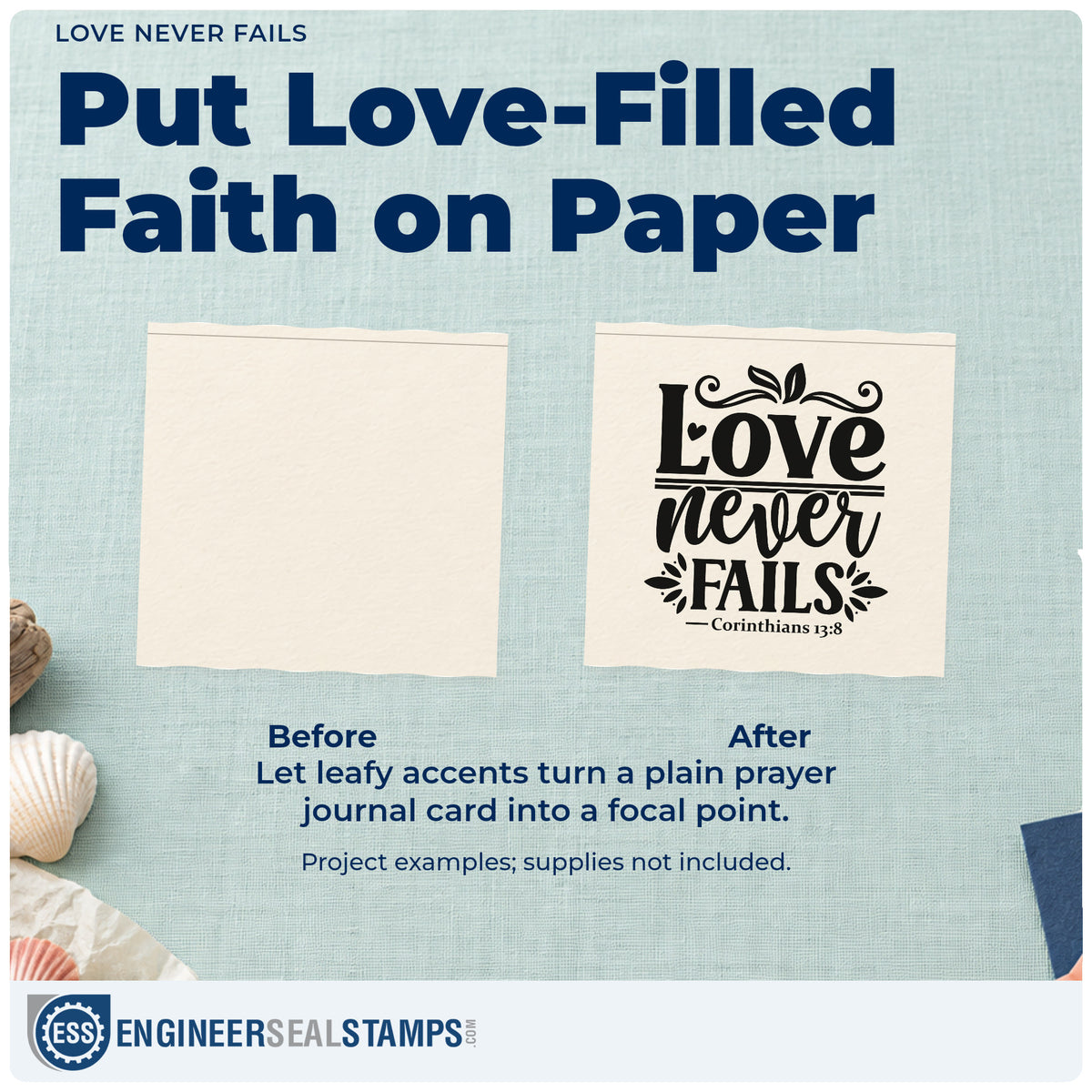 Before and after of a plain item finished with the Love Never Fails Hand Stamp – Duo, a quick upgrade for canvas pillow covers.