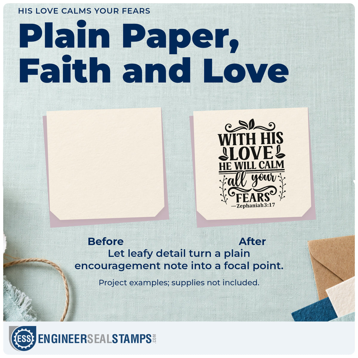 Before and after of a plain item finished with the His Love Calms Your Fears Slim Pre-Inked Stamp, a quick upgrade for canvas totes.