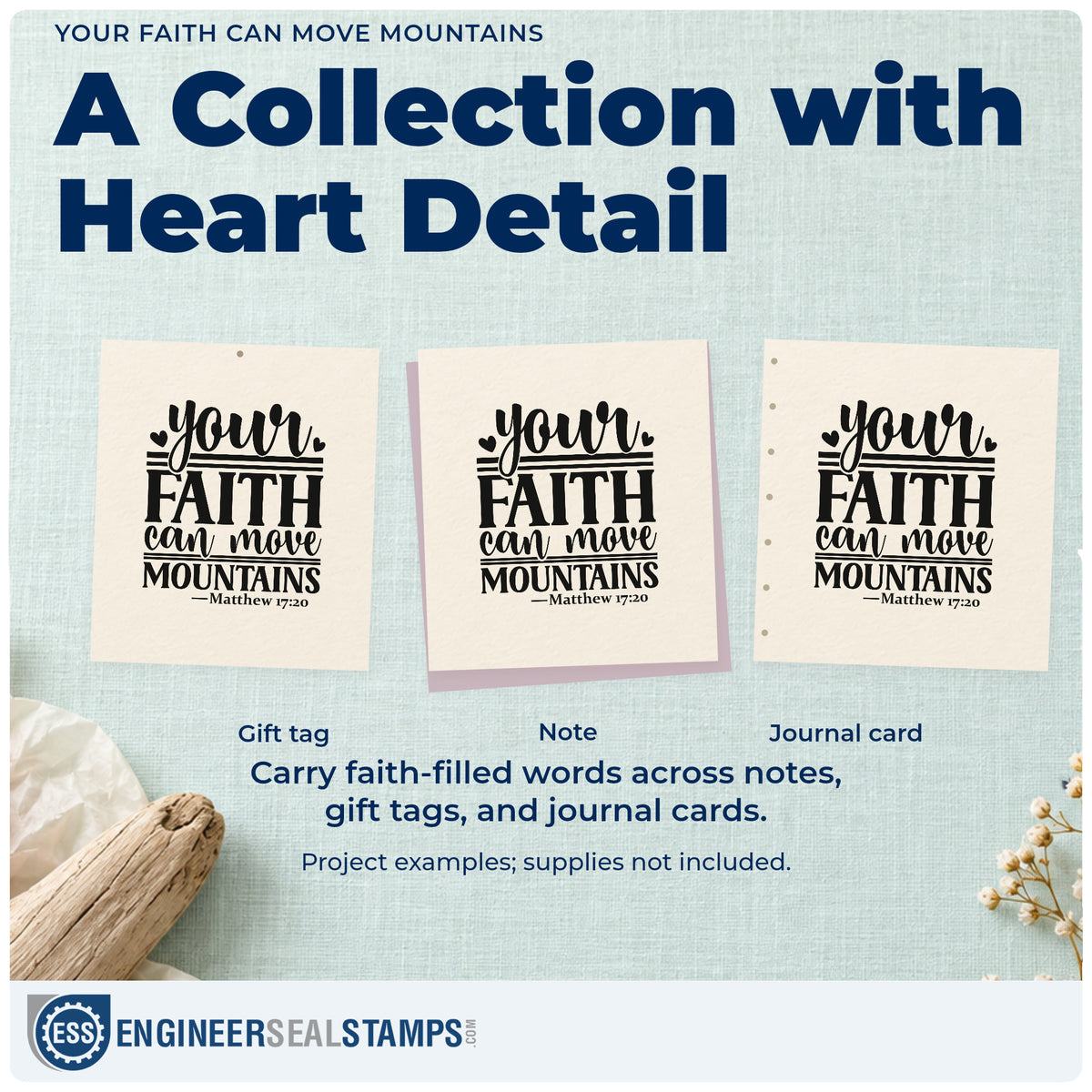 Three project examples made with the Your Faith Can Move Mountains With Hearts Wood Handle Stamp, including challenge scrapbooks.