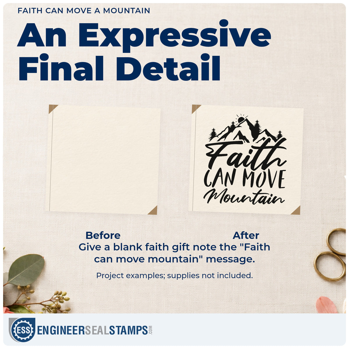 Before and after of a plain item finished with the Pre-Inked Faith Can Move A Mountain Stamp – PSI, a quick upgrade for cabin guest books.