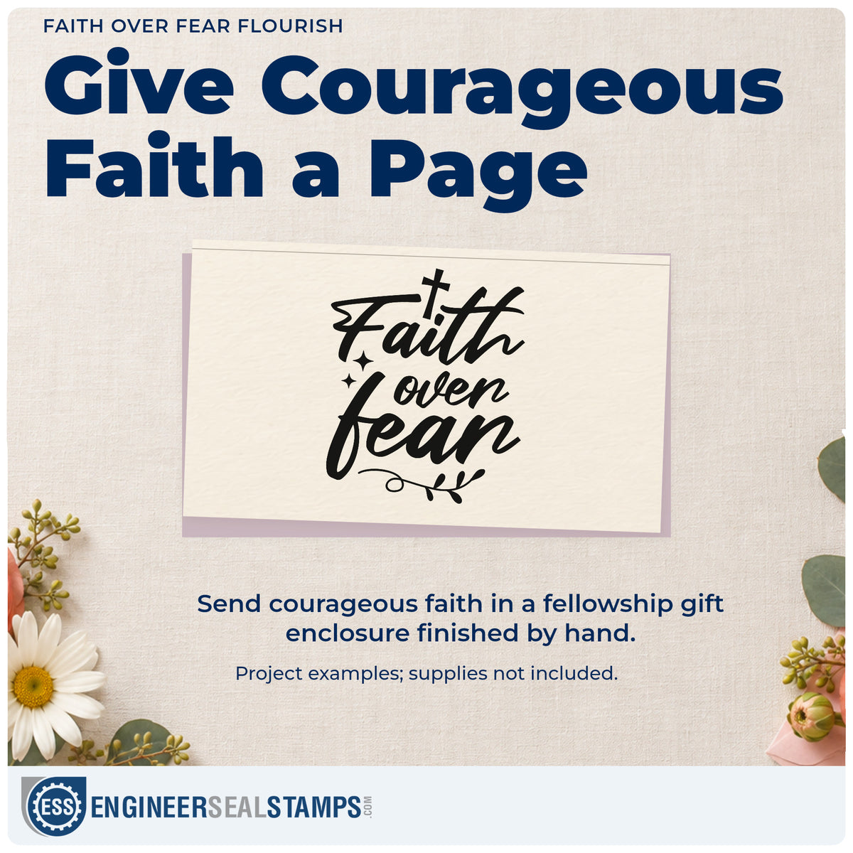 A finished handmade project stamped with the Faith Over Fear Flourish Stamp – Self-Inking, ideal for surgery care tags.