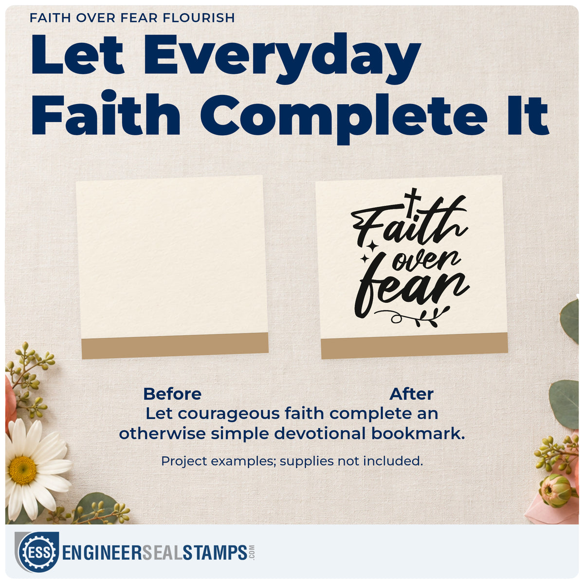 Before and after of a plain item finished with the Faith Over Fear Flourish Stamp – Self-Inking, a quick upgrade for mission trip tags.