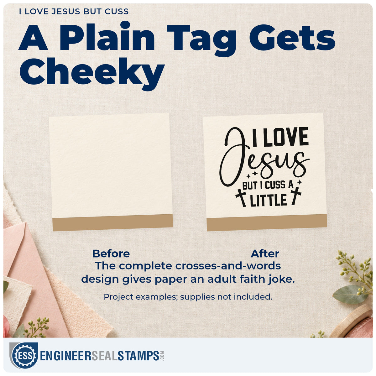 Before and after of a plain item finished with the I Love Jesus But Cuss Stamp – Duo Hand, a quick upgrade for travel mug notes.
