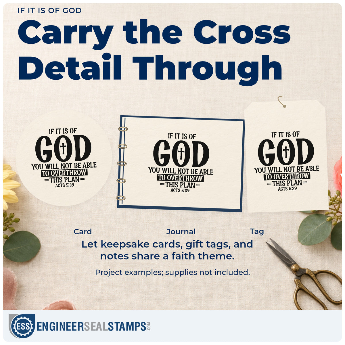 Three project examples made with the If It Is Of God With Cross Wood Handle Stamp, including plan scrapbooks.