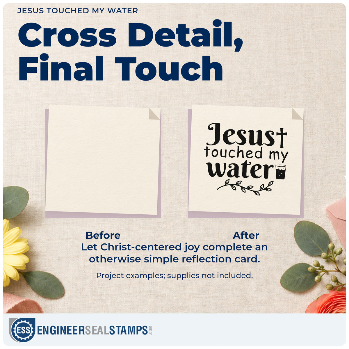 Before and after of a plain item finished with the Jesus Touched My Water Premium Wood-Mounted Stamp - Vintage Pro, a quick upgrade for book club invites.