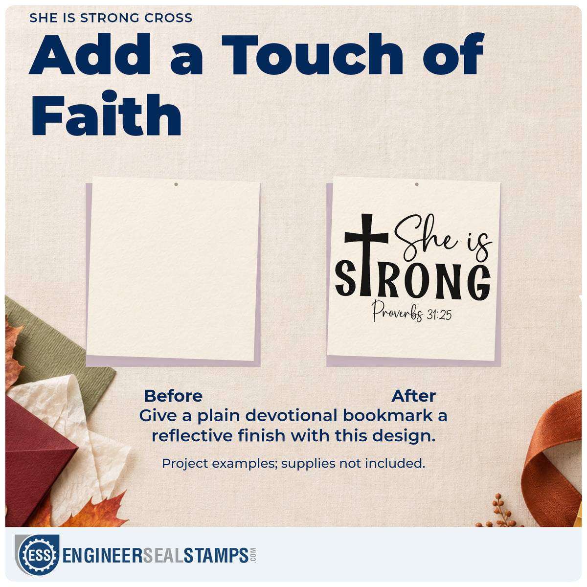 Before and after of a plain item finished with the She Is Strong Pre-Inked Stamp – PSI, a quick upgrade for women's retreat tees.
