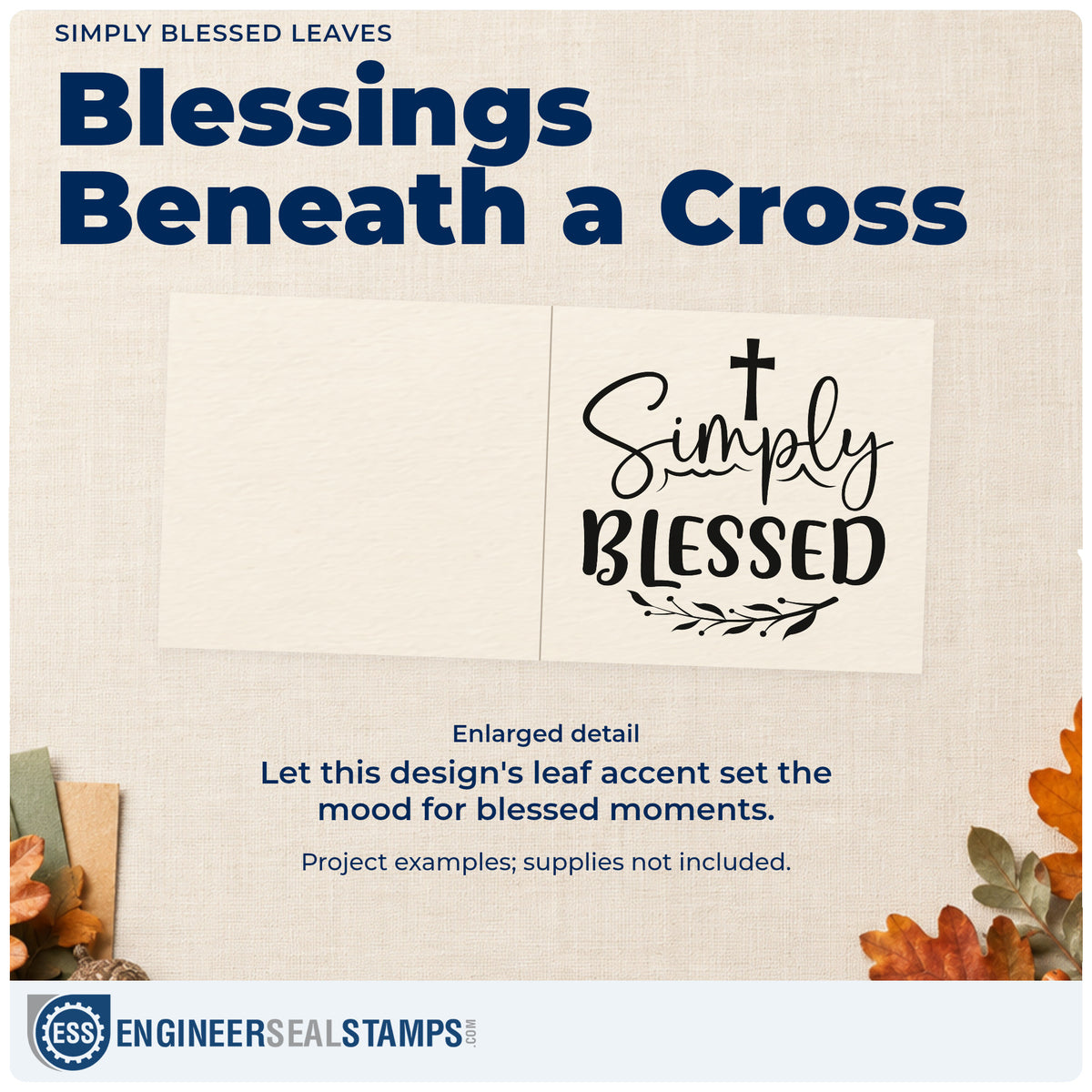 Enlarged detail of the Wood Handle Simply Blessed Leaves Rubber Stamp imprint. A small cross tops "Simply blessed" above a leafy flourish.