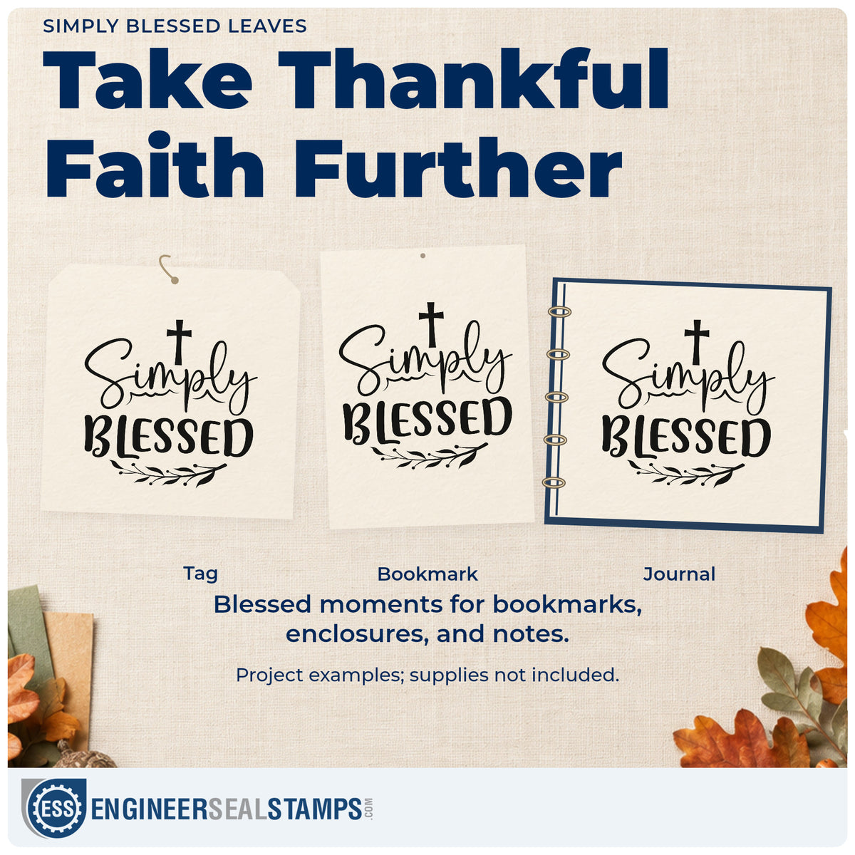Three project examples made with the Simply Blessed Leaves Pre-Inked Stamp – Slim, including gratitude scrapbooks.
