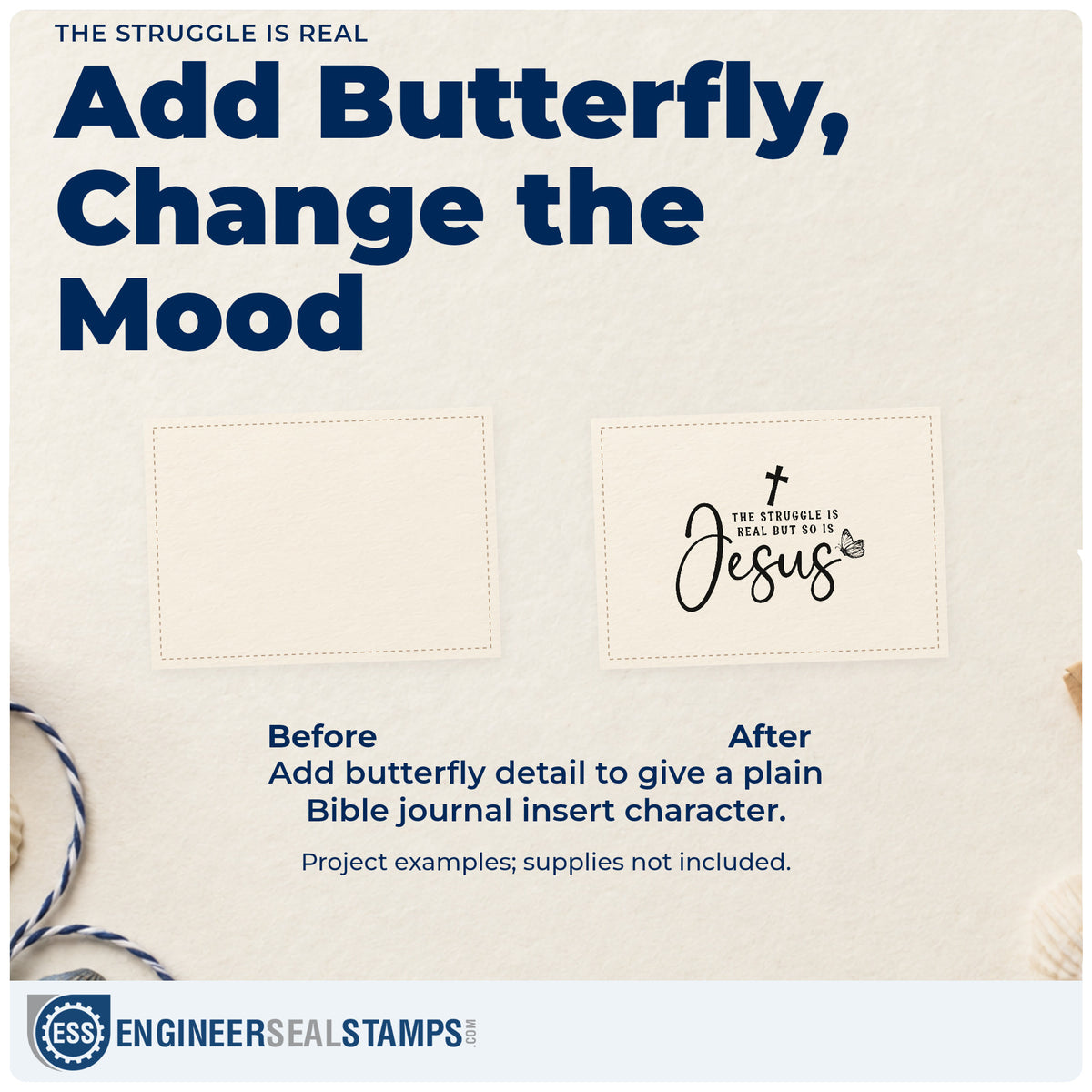 Before and after of a plain item finished with the The Struggle Is Real Rubber Stamp – Wood Handle, a quick upgrade for tee transfers.