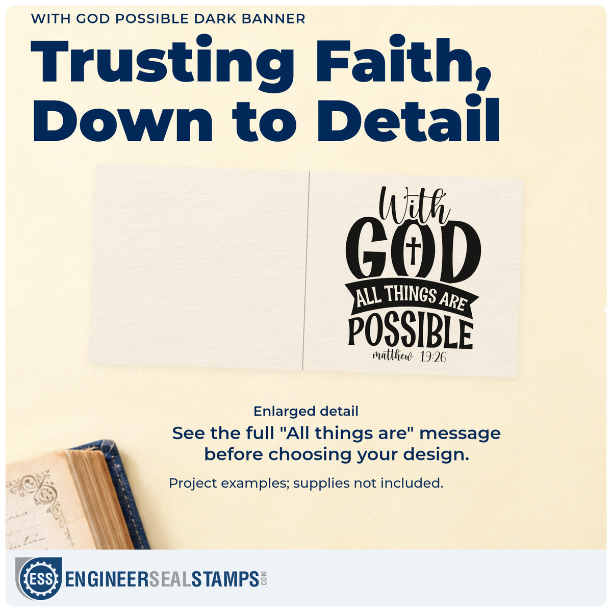 Enlarged detail of the Pre-Inked With God All Things Are Possible Solid Banner Stamp – PSI imprint. A cross fills the O in "God," above a dark "All things are" banner, "Possible," and Matthew 19:26.