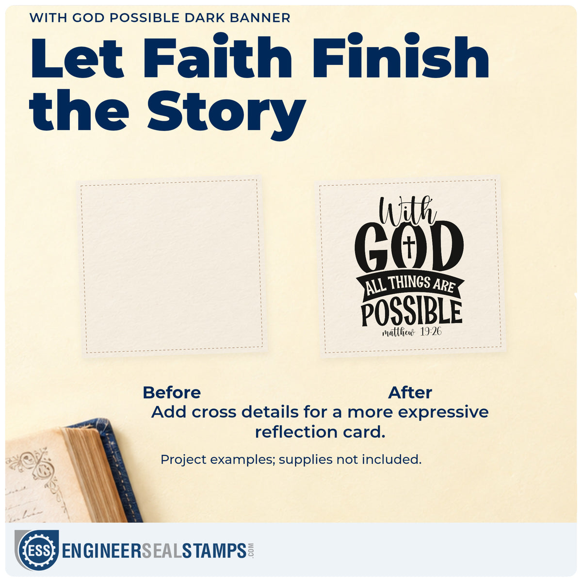 Before and after of a plain item finished with the Pre-Inked With God All Things Are Possible Solid Banner Stamp – PSI, a quick upgrade for new business cards.