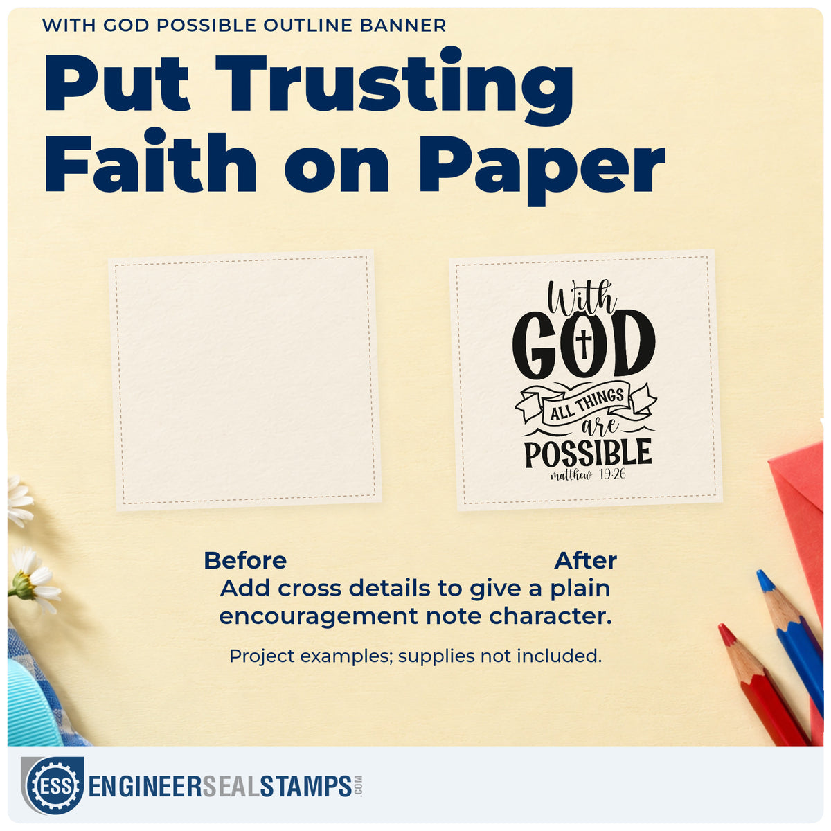 Before and after of a plain item finished with the With God All Things Are Possible Outline Banner With Cross Stamp – Wood Handle, a quick upgrade for fertility hope notes.