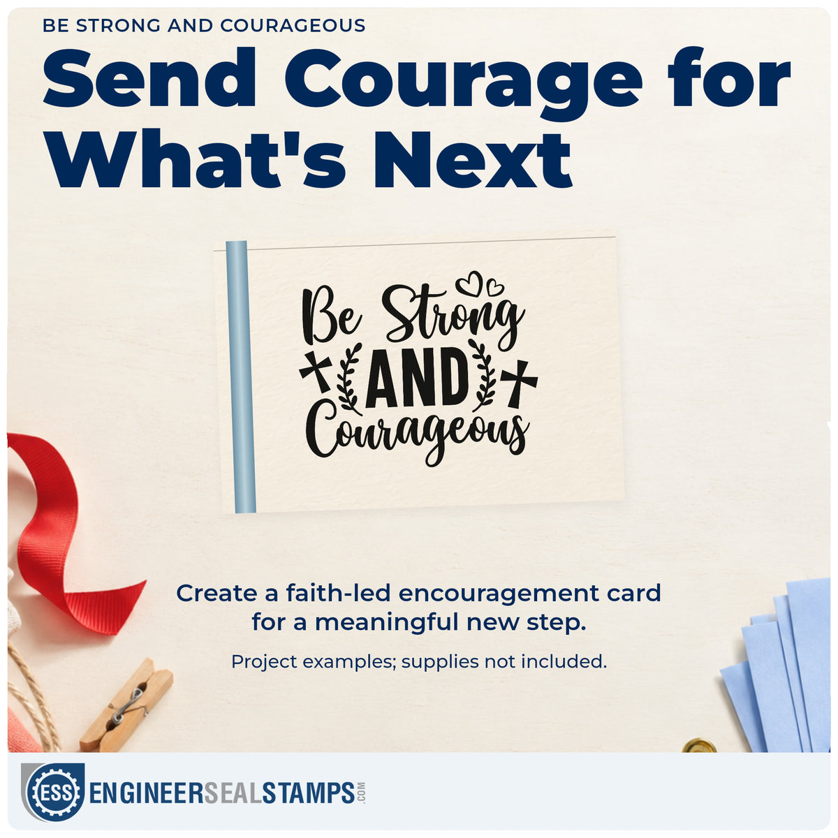A finished handmade project stamped with the Be Strong And Courageous With Cross Rubber Stamp – Duo Hand, ideal for boot camp letters.