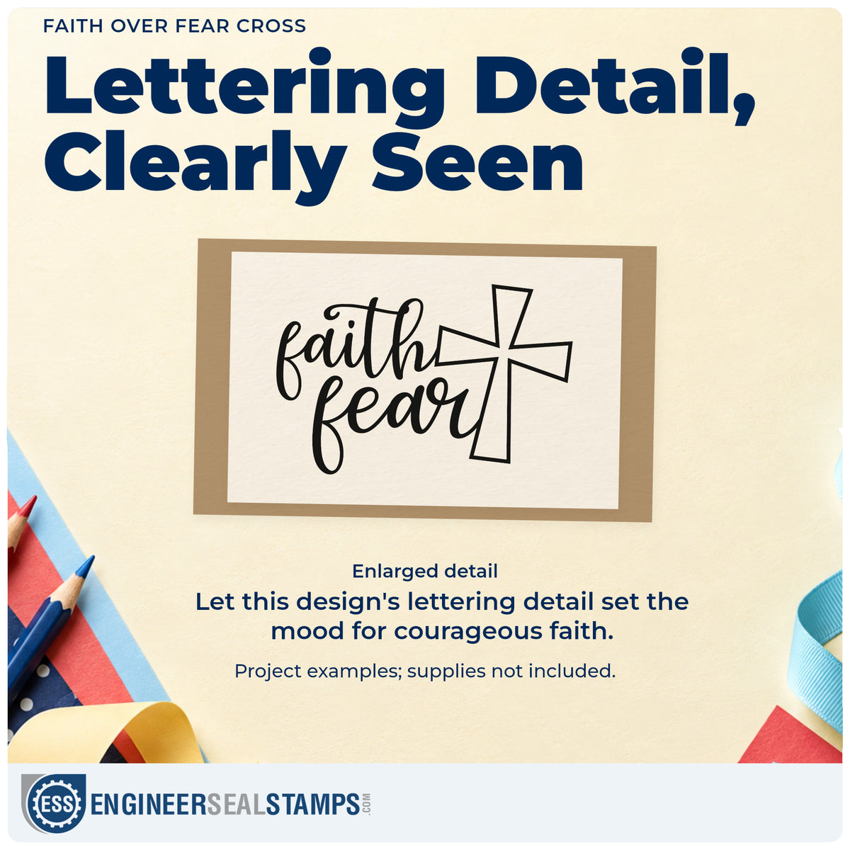 Enlarged detail of the Faith Over Fear Cross Rubber Stamp – Wood Handle imprint. Flowing "Faith" and "Fear" lettering sits beside a large outlined cross.