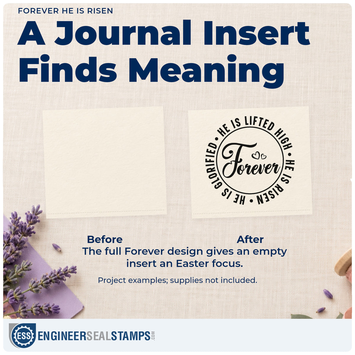 Before and after of a plain item finished with the Forever He Is Risen Hand Stamp – Duo, a quick upgrade for choir folder covers.