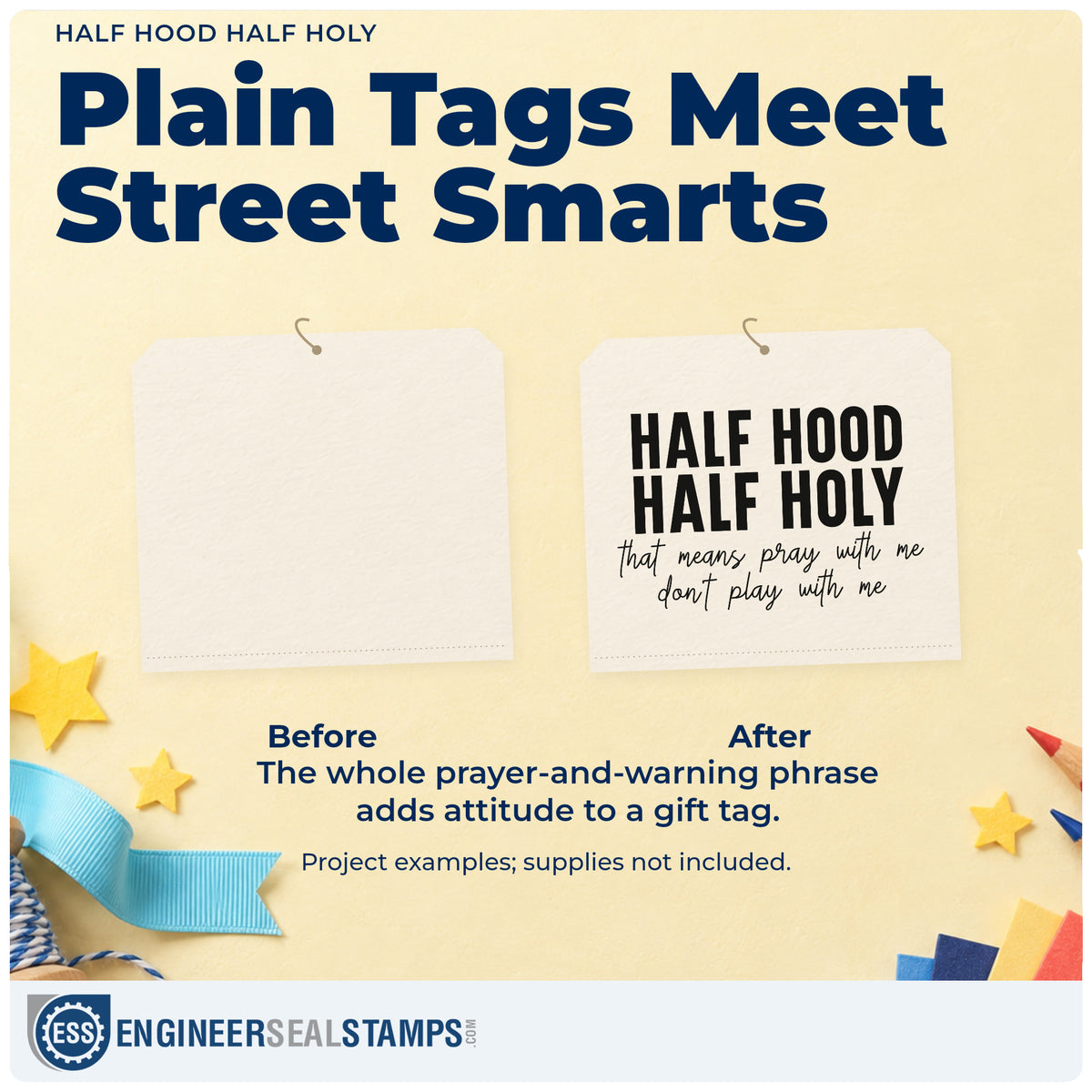 Before and after of a plain item finished with the Vintage Pro Half Hood Half Holy Premium Wooden Stamp, a quick upgrade for prayer chat gifts.