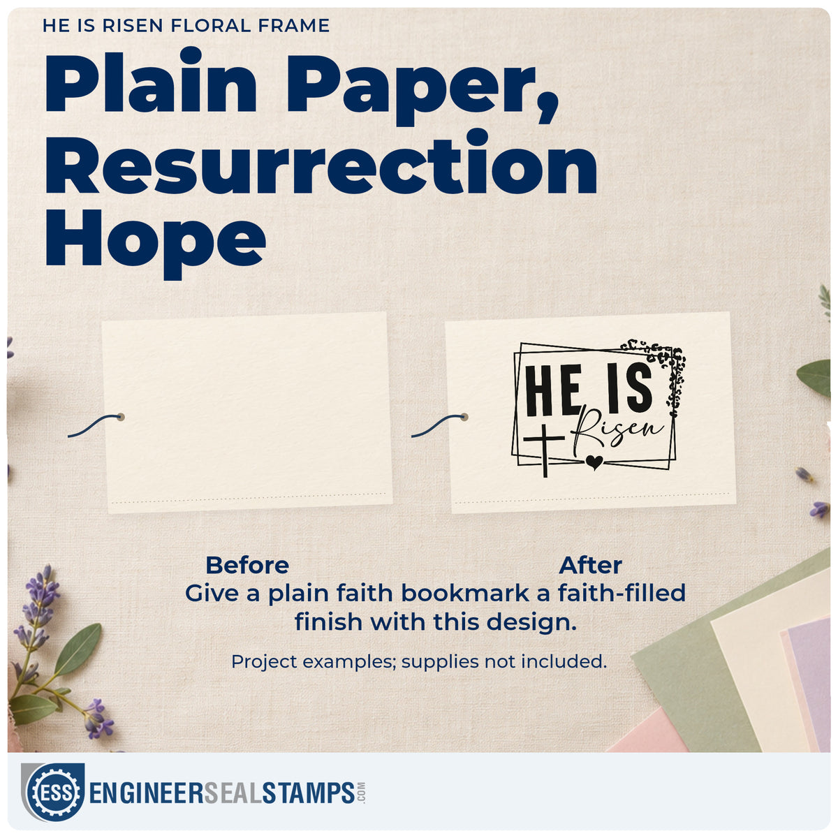 Before and after of a plain item finished with the He Is Risen Slim Pre-Inked Stamp, a quick upgrade for spring totes.