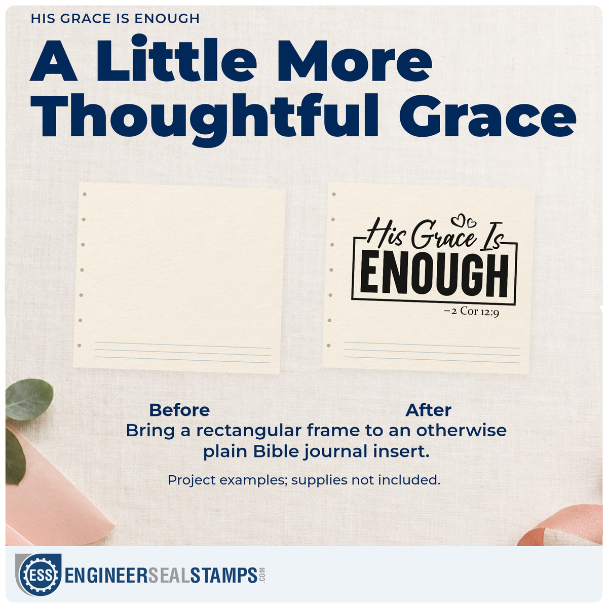 Before and after of a plain item finished with the His Grace Is Enough Hand Stamp – Duo, a quick upgrade for bedside framed art.
