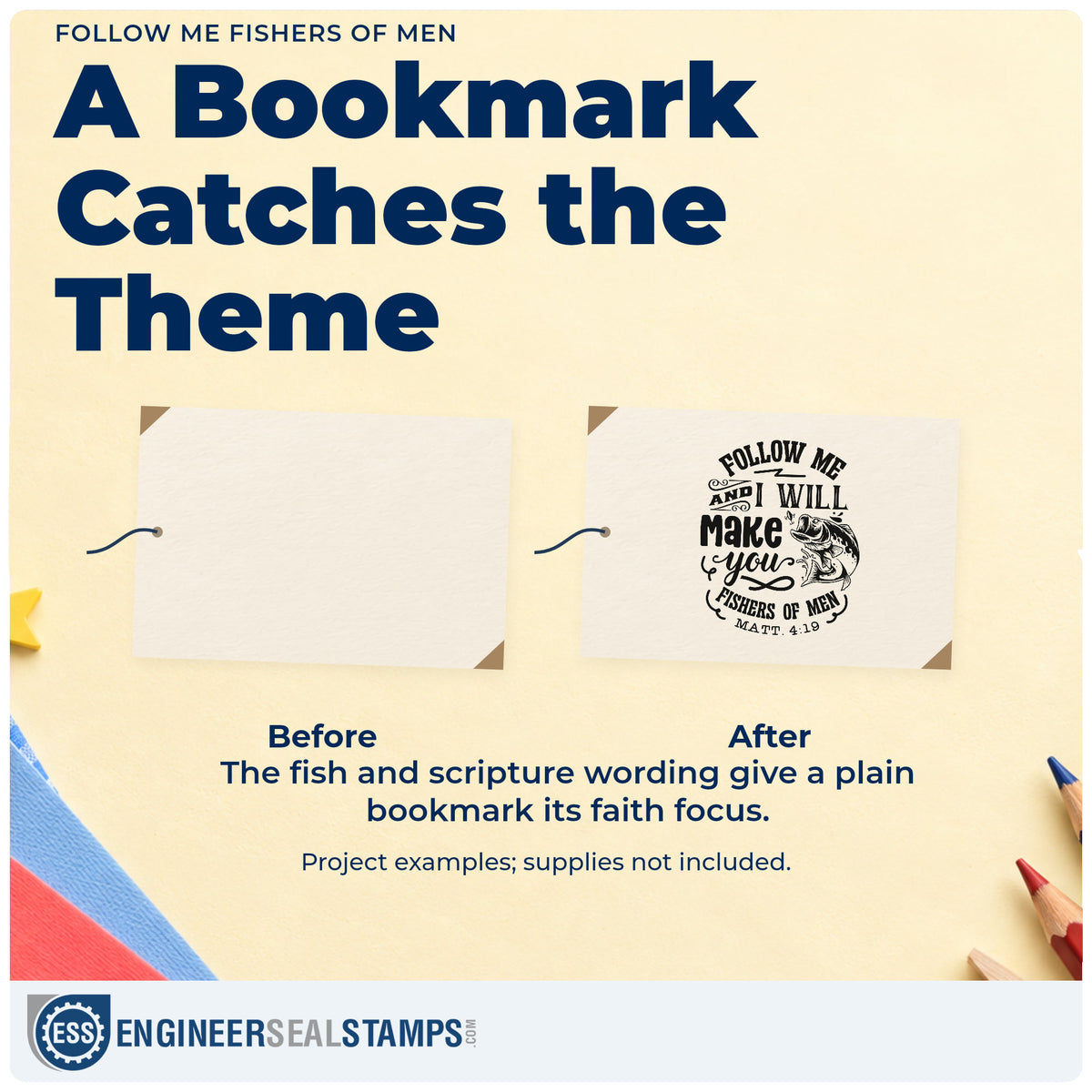 Before and after of a plain item finished with the Follow Me Fishers Of Men Slim Pre-Inked Stamp, a quick upgrade for grandpa gift tags.