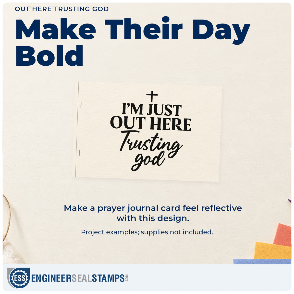 A finished handmade project stamped with the Out Here Trusting God Self-Inking Stamp, ideal for moving box labels.