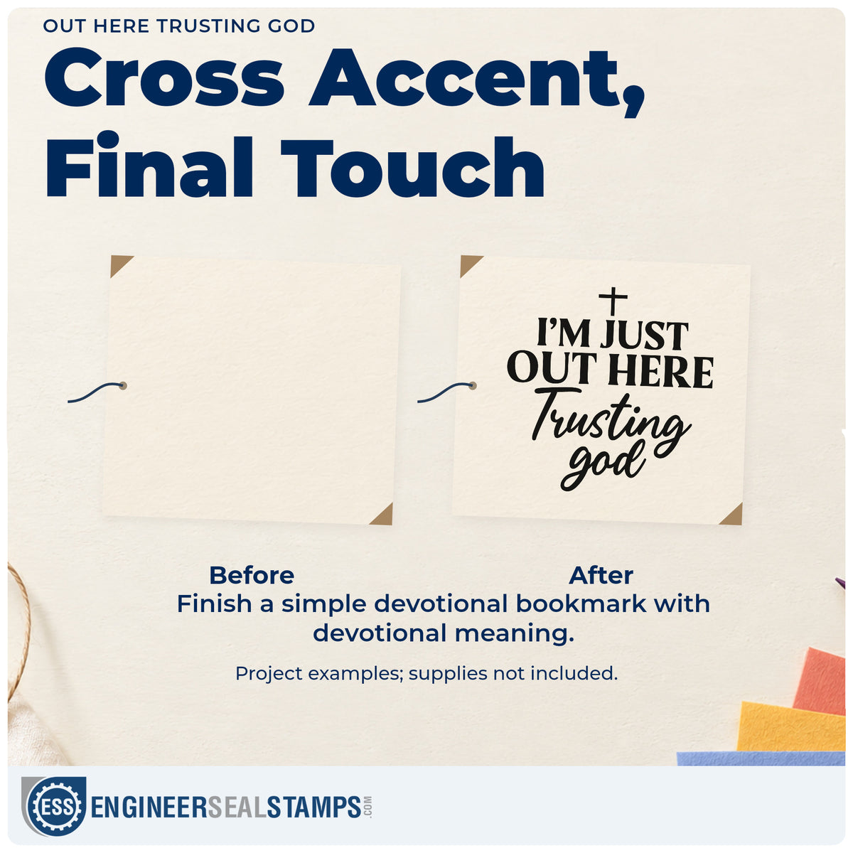 Before and after of a plain item finished with the Out Here Trusting God Compact Pre-Inked Stamp – Slim, a quick upgrade for tea towel gifts.