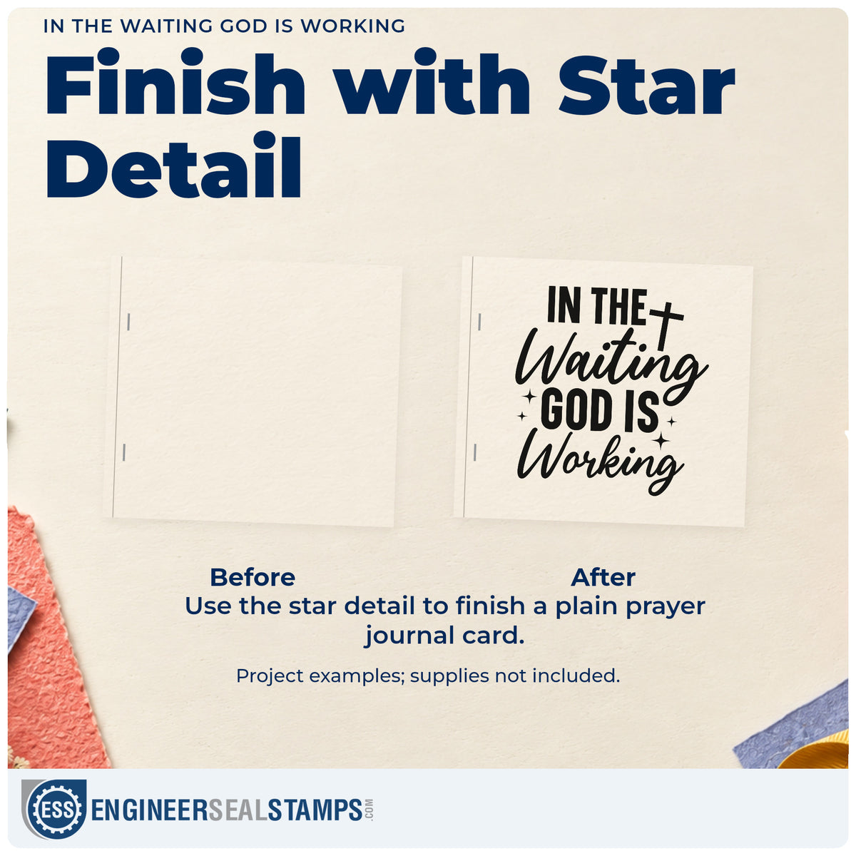 Before and after of a plain item finished with the In The Waiting God Is Working Premium Wood-Mounted Stamp - Vintage Pro, a quick upgrade for canvas totes.