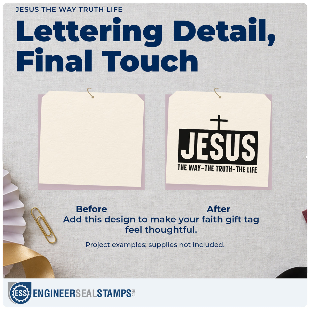 Before and after of a plain item finished with the Jesus The Way Truth Life Pre-Inked Stamp – Slim, a quick upgrade for bible cover crafts.