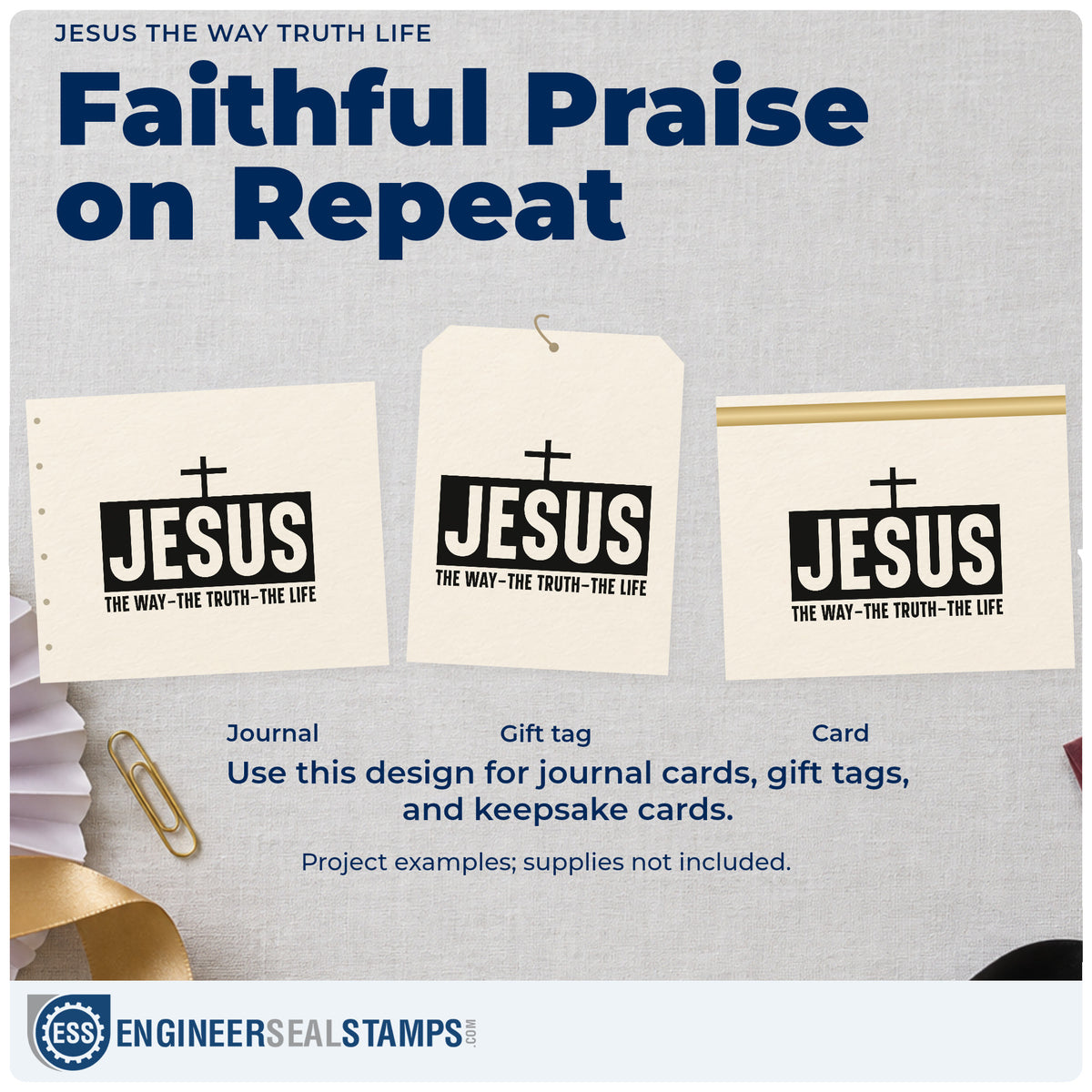 Three project examples made with the Jesus The Way Truth Life Hand Stamp – Duo, including testimony pages.