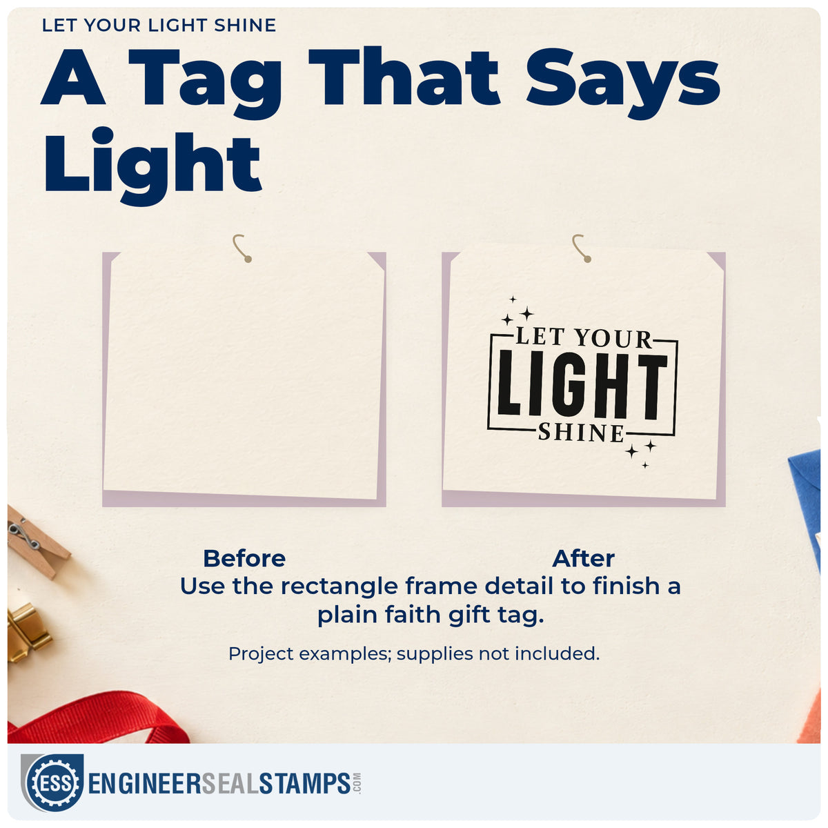 Before and after of a plain item finished with the Let Your Light Shine With Sparkles Hand Stamp – Duo, a quick upgrade for luminary bags.