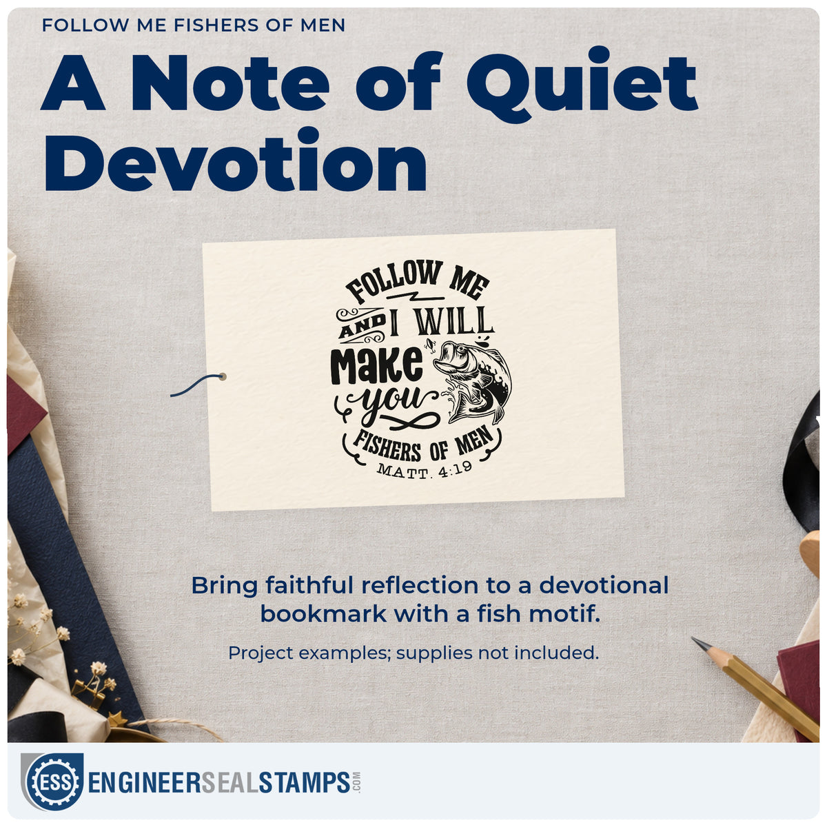 A finished handmade project stamped with the Follow Me And I Will Make You Fishers Of Men Leaping Fish Pre-Inked Stamp – Slim, ideal for bait shop bags.