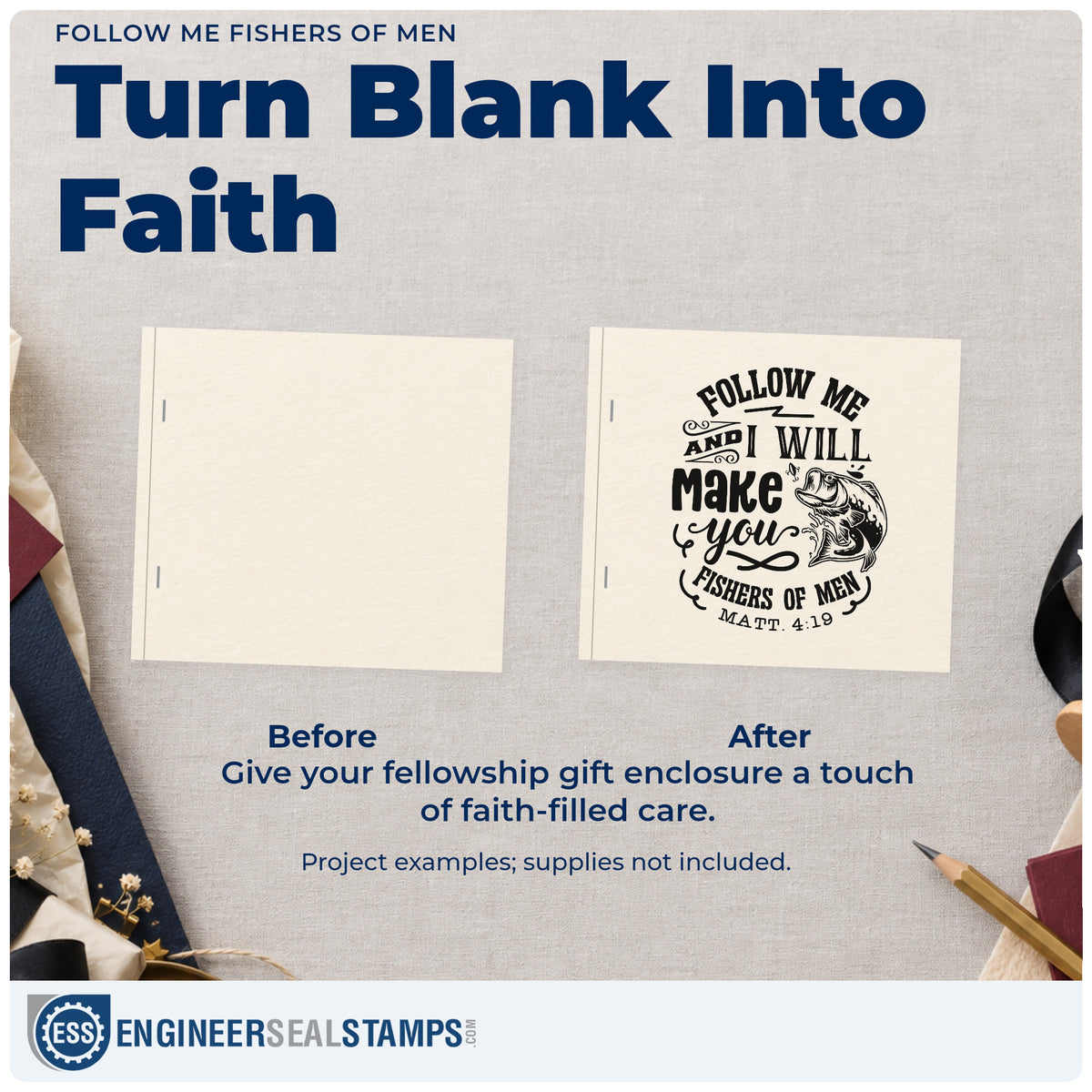 Before and after of a plain item finished with the Follow Me And I Will Make You Fishers Of Men Leaping Fish Craft Stamp – Self-Inking, a quick upgrade for retirement gifts.