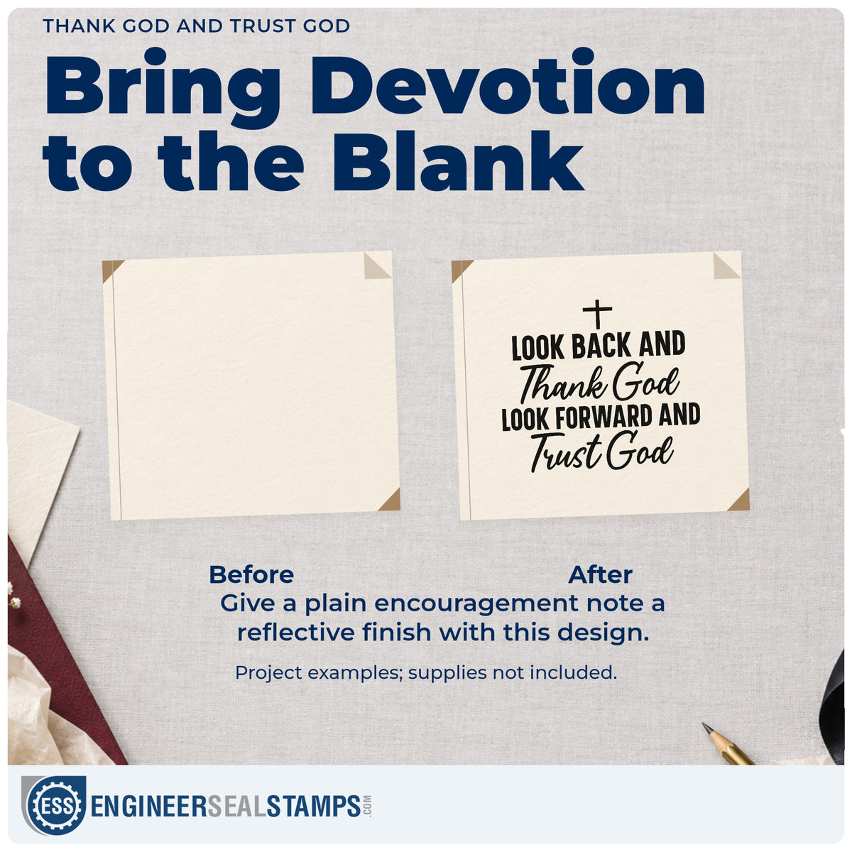 Before and after of a plain item finished with the Thank God And Trust God Rubber Stamp – Duo Hand, a quick upgrade for retirement cards.