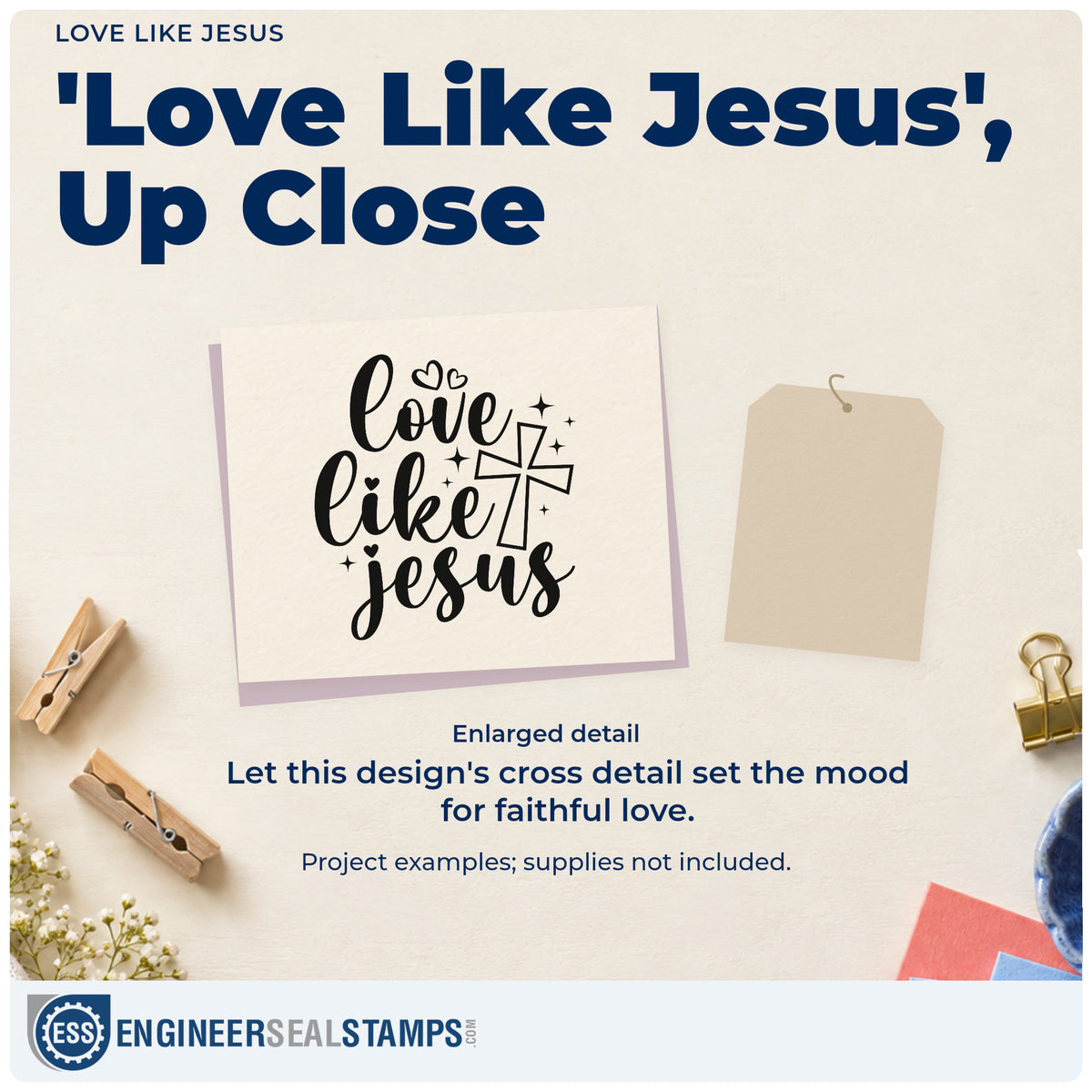 Enlarged detail of the Love Like Jesus Outlined Cross Premium Wooden Stamp - Vintage Pro imprint. Flowing "Love like Jesus" lettering is accented with an outlined cross, hearts, and sparkles.