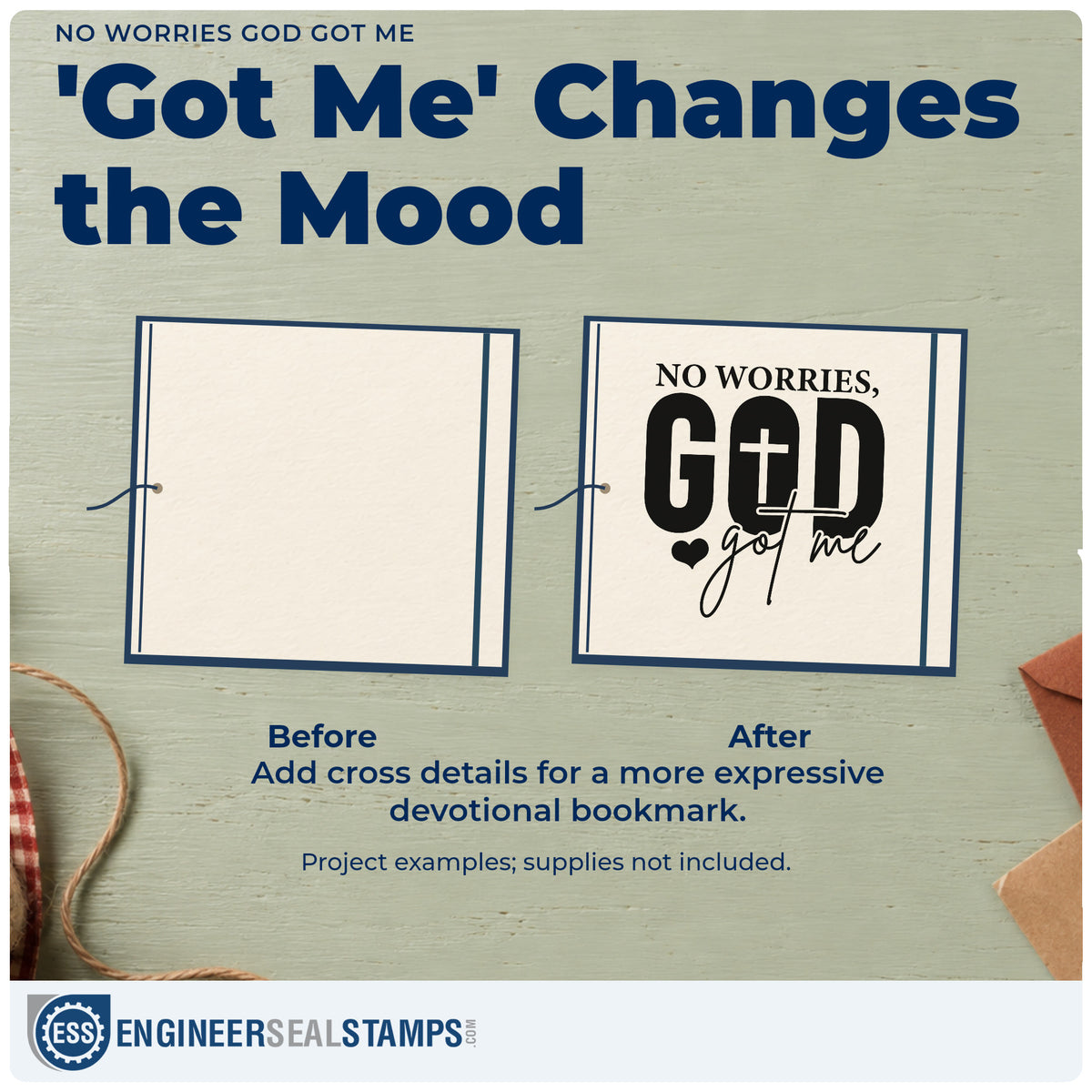 Before and after of a plain item finished with the No Worries God Got Me With Cross Wood Handle Stamp, a quick upgrade for travel luggage tags.