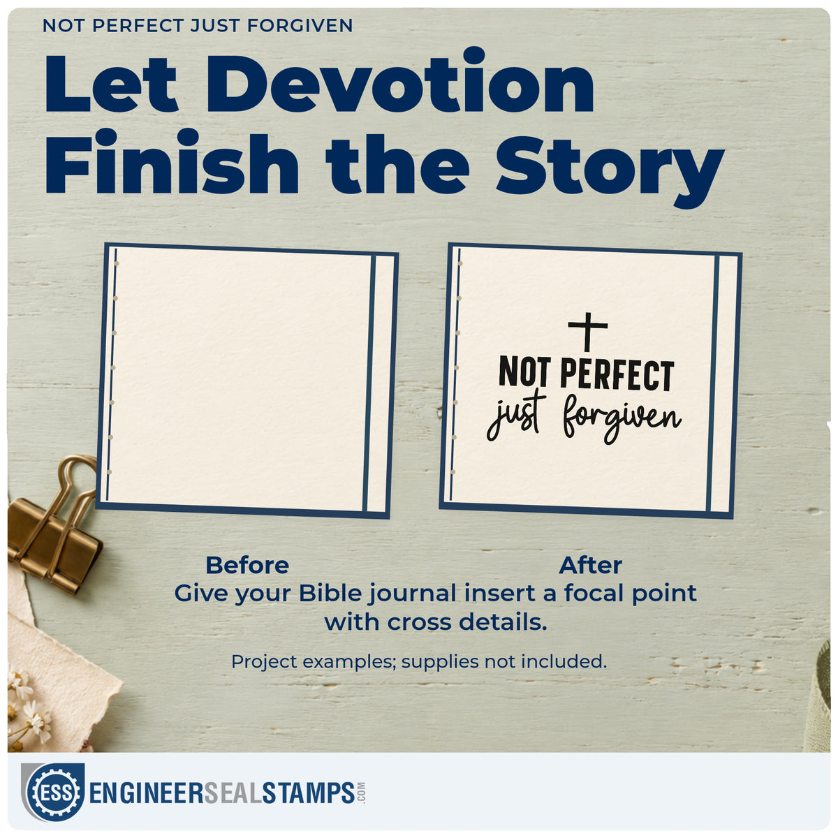 Before and after of a plain item finished with the Not Perfect Just Forgiven Stamp – Self-Inking, a quick upgrade for recovery group gifts.