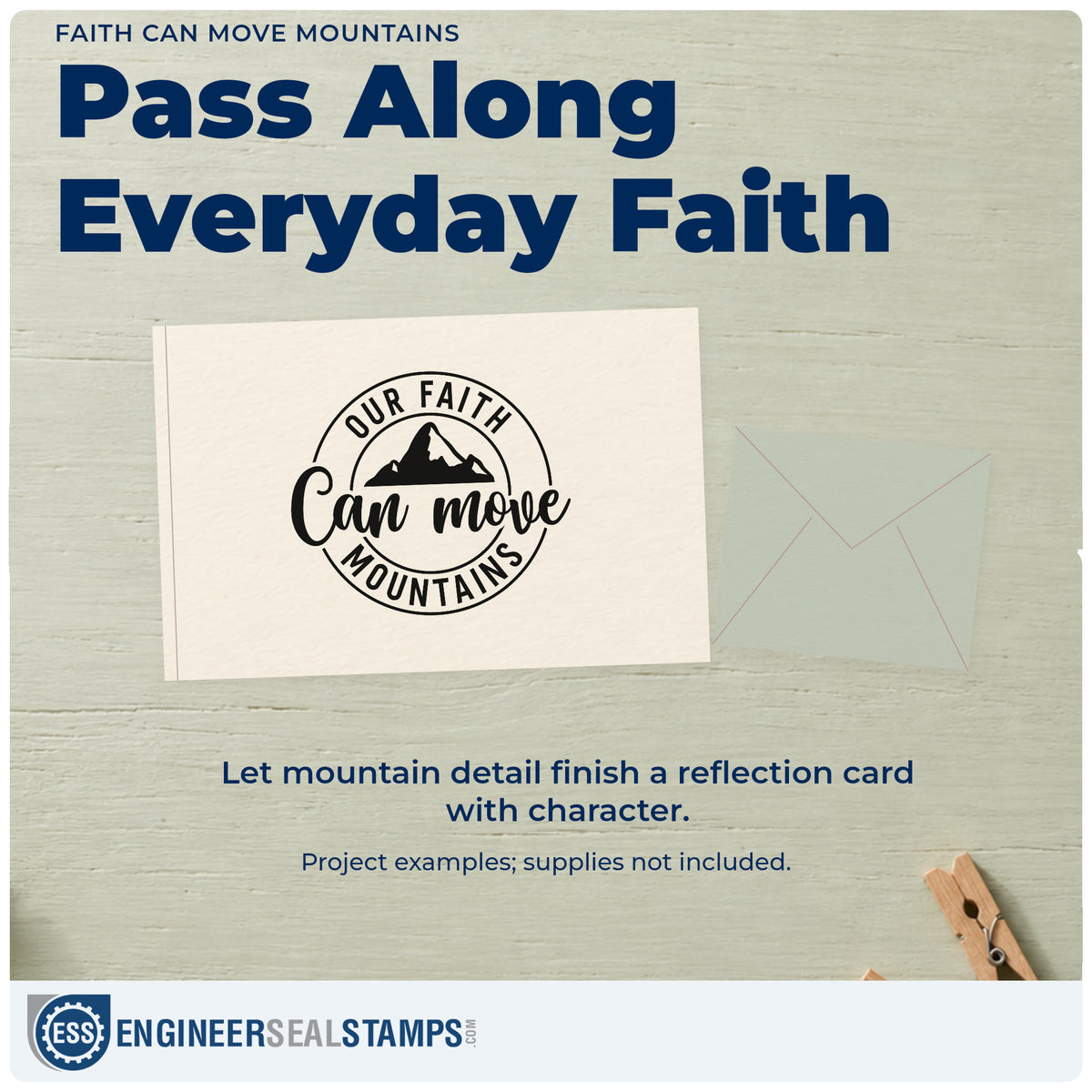 A finished handmade project stamped with the Vintage Pro Our Faith Can Move Mountains Premium Wooden Stamp, ideal for church campaign signs.