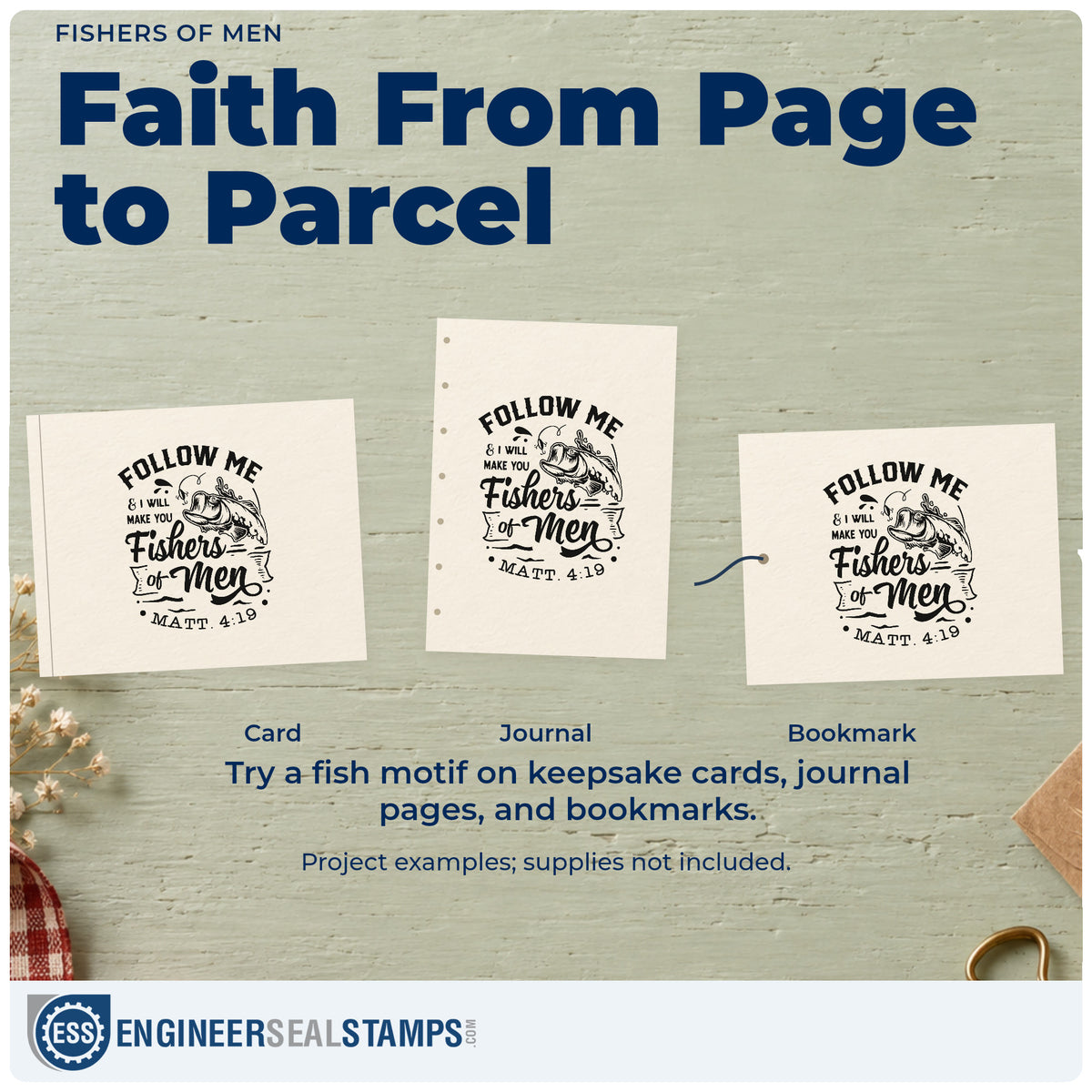 Three project examples made with the Fishers Of Men Compact Pre-Inked Stamp – Slim, including lake day pages.