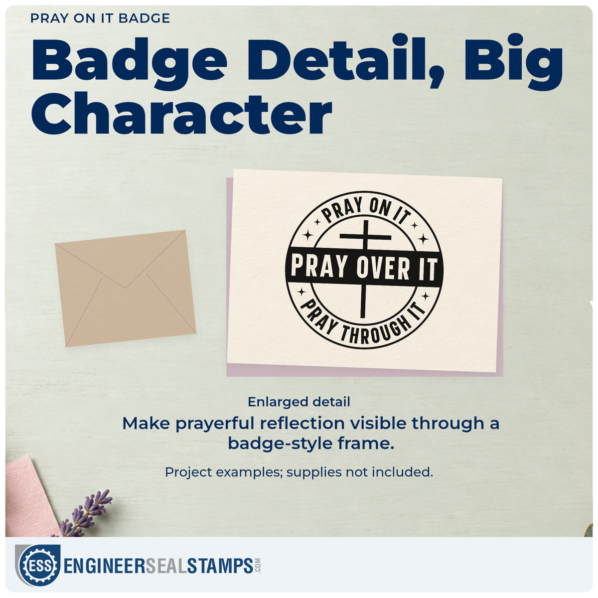Enlarged detail of the Pray On It, Pray Over It, Pray Through It Wood-Mounted Rubber Stamp imprint. A cross fills a circular badge reading "Pray on it, pray over it, pray through it."