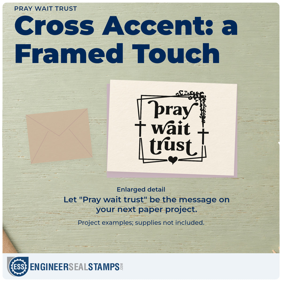 Enlarged detail of the Pray Wait Trust With Cross Wood Handle Stamp imprint. Leafy corners, small crosses, and a heart accent "Pray wait trust" inside overlapping rectangular frames.