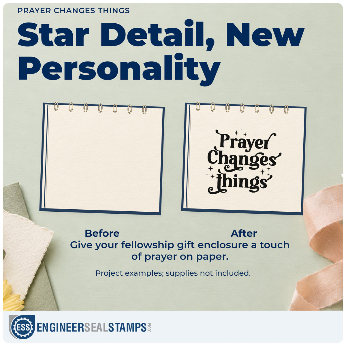 Before and after of a plain item finished with the Prayer Changes Things Premium Wood-Mounted Stamp - Vintage Pro, a quick upgrade for bulletin board headers.