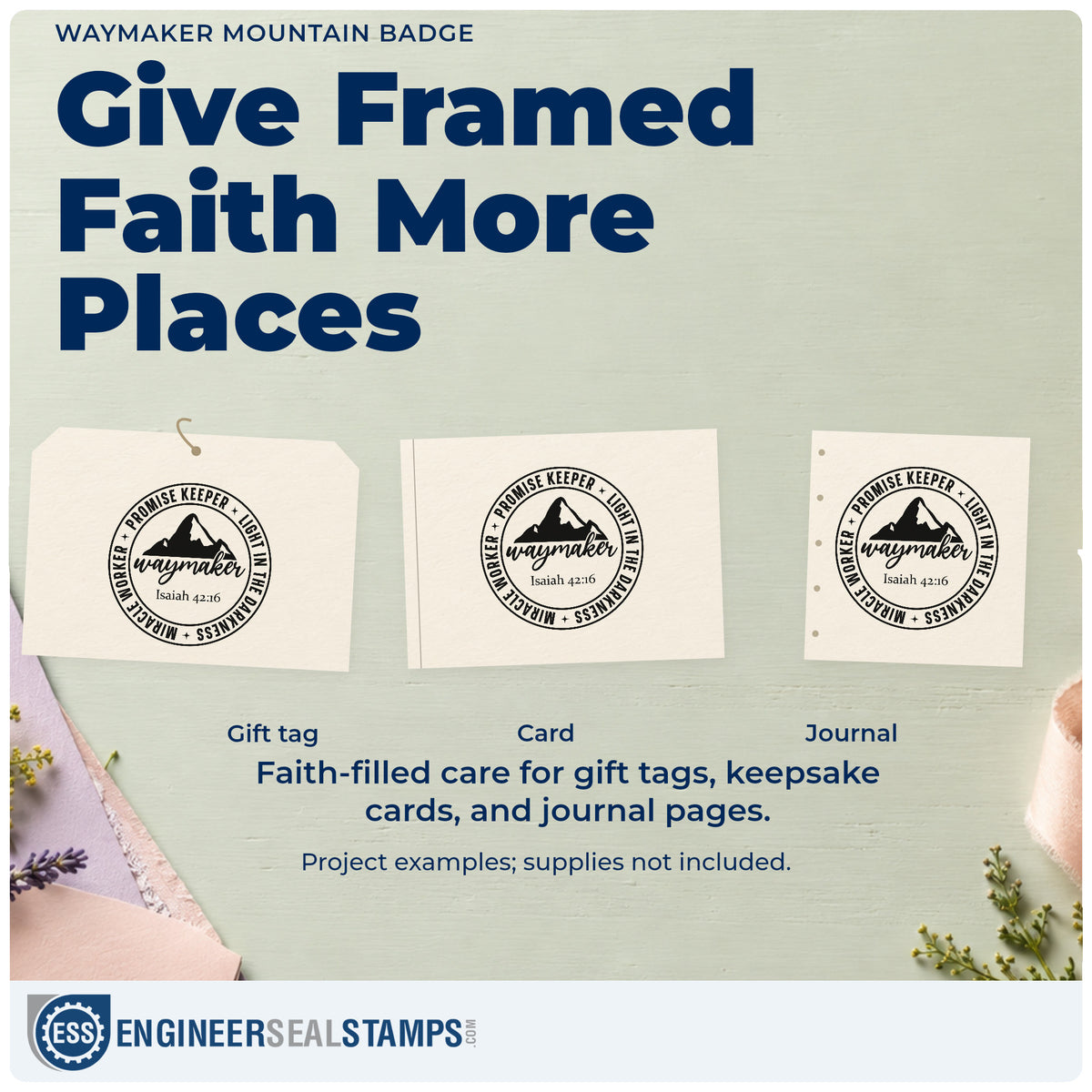 Three project examples made with the Waymaker Mountain Badge Stamp – Self-Inking, including breakthrough pages.