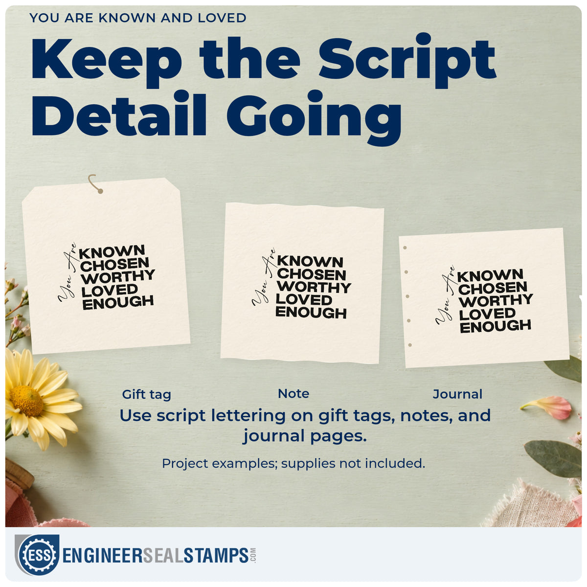 Three project examples made with the Vintage Pro You Are Known And Loved Premium Wooden Stamp, including portrait pages.