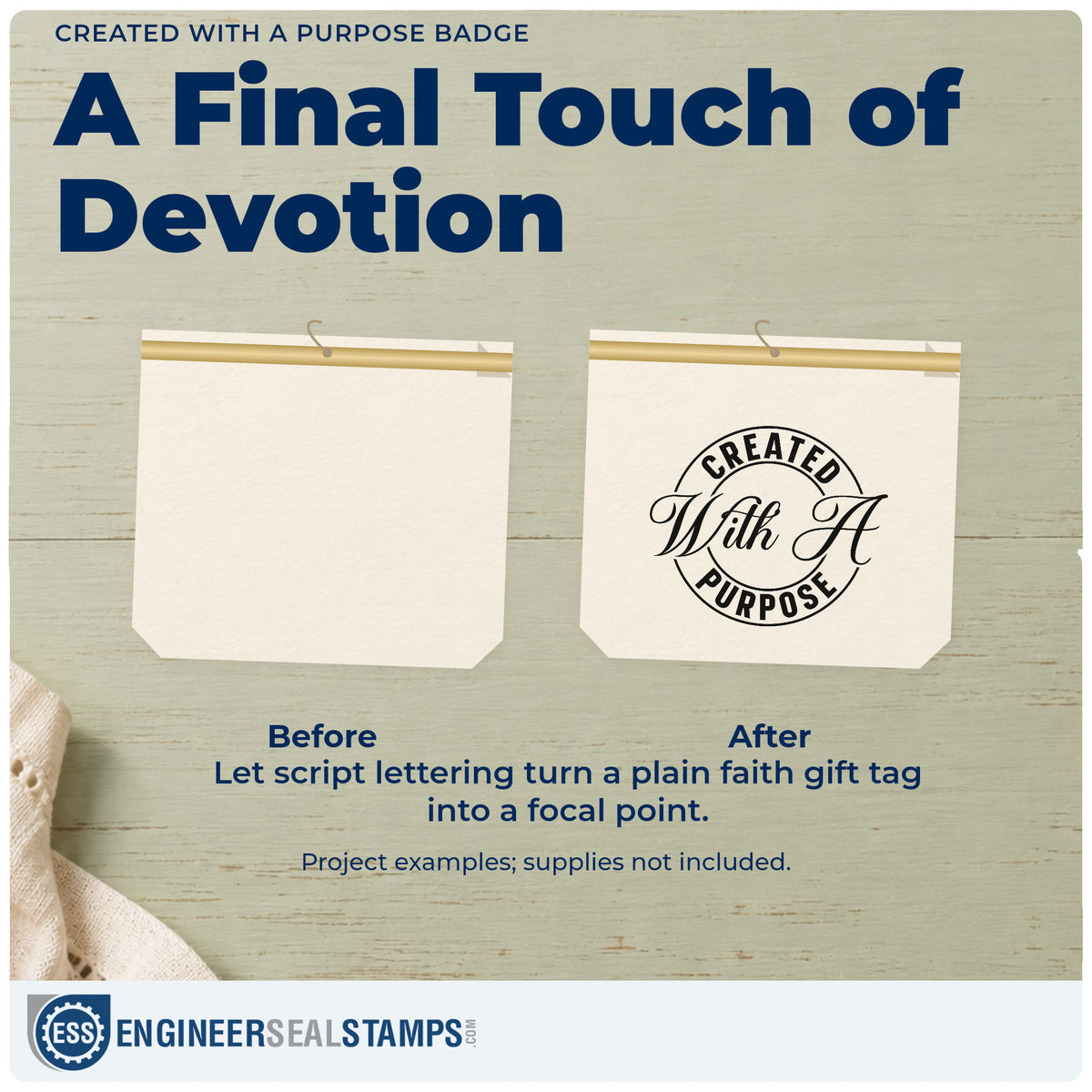 Before and after of a plain item finished with the Duo Hand Created With A Purpose Emblem Rubber Stamp, a quick upgrade for youth camp tees.