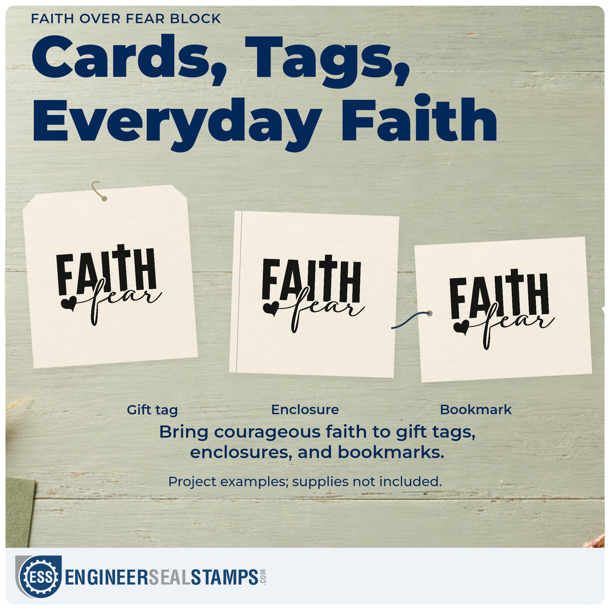 Three project examples made with the Faith Over Fear Block With Cross Pre-Inked Stamp – PSI, including courage pages.