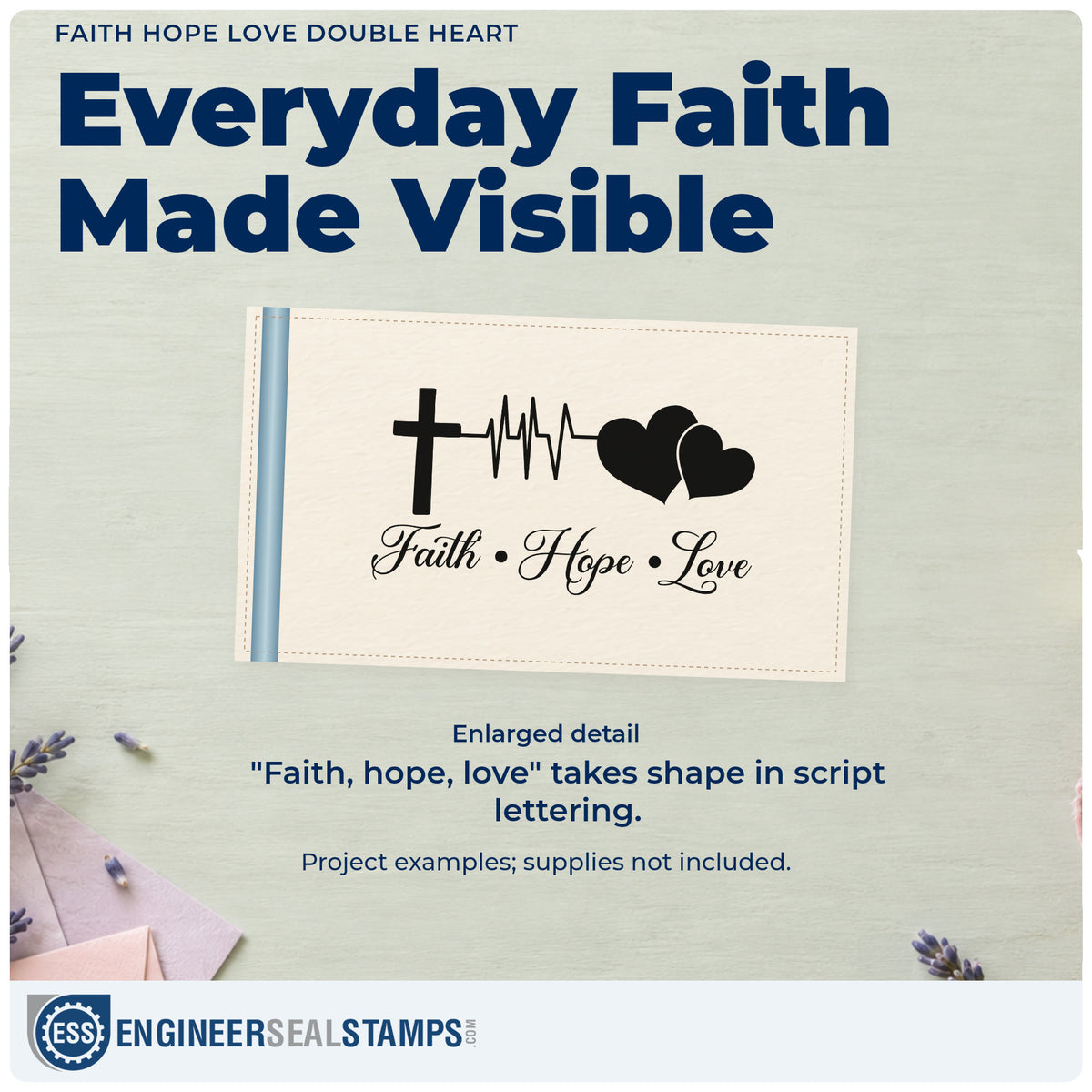 Enlarged detail of the Faith Hope Love Double Heart Pre-Inked Stamp – Slim imprint. A cross, heartbeat line, and two solid hearts sit above "Faith, hope, love" script.