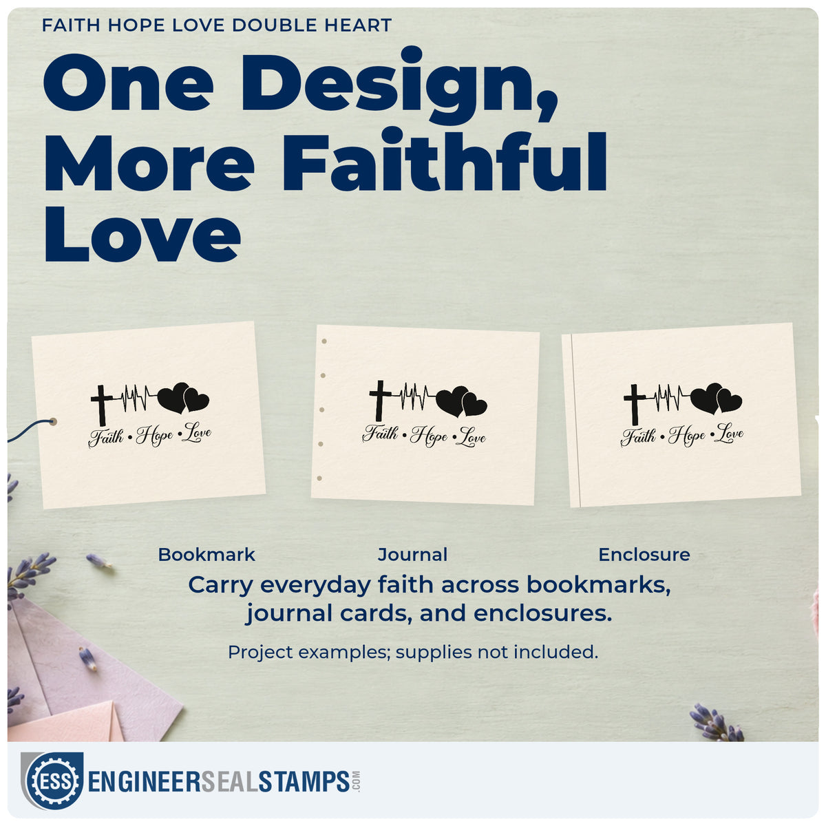 Three project examples made with the Faith Hope Love Double Heart Craft Stamp – Self-Inking, including recovery pages.