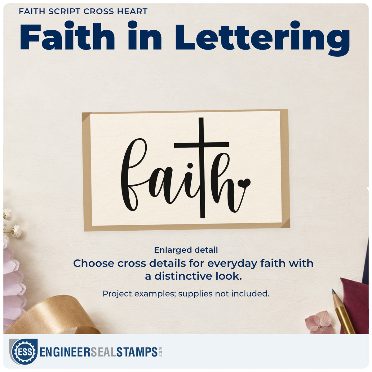 Enlarged detail of the Faith Script Cross Heart Stamp – Self-Inking imprint. Large flowing "Faith" lettering incorporates a tall cross and a small heart.
