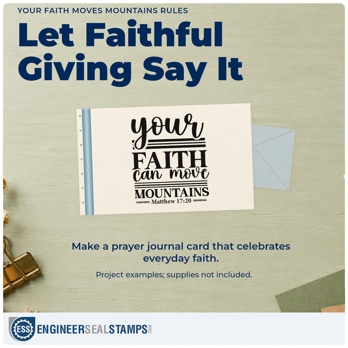 A finished handmade project stamped with the Premium Wooden Faith Moves Mountains Horizontal Lines Stamp - Vintage Pro, ideal for mustard seed crafts.