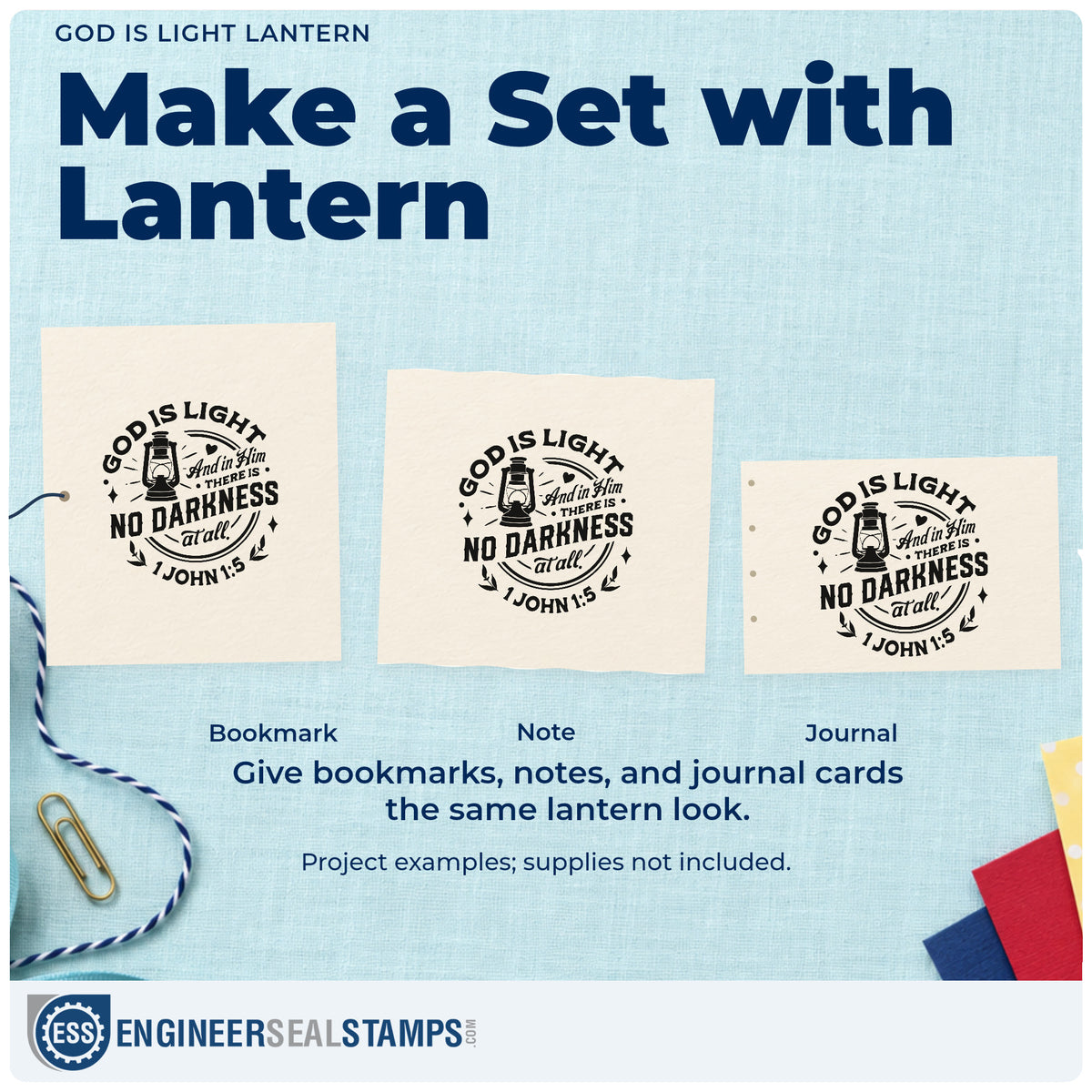 Three project examples made with the God Is Light Lantern Circular Layout Premium Wooden Stamp - Vintage Pro, including candlelight pages.