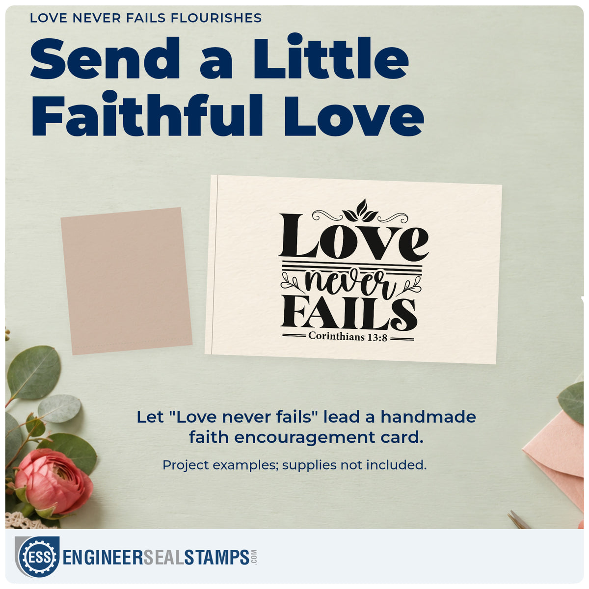 A finished handmade project stamped with the Love Never Fails Flourishes Wood-Mounted Rubber Stamp, ideal for vow renewal invites.